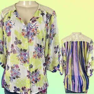 Sara Michelle S Sheer Green Floral Stripe Button Step-Hem Lace 1/2 Sleeve Blouse